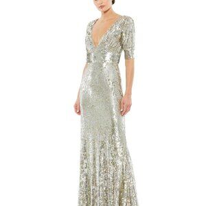 Mac Duggal 4707 Short Sleeve Plunging Neck Evening Gown, Platinum [Size 8]- NWT